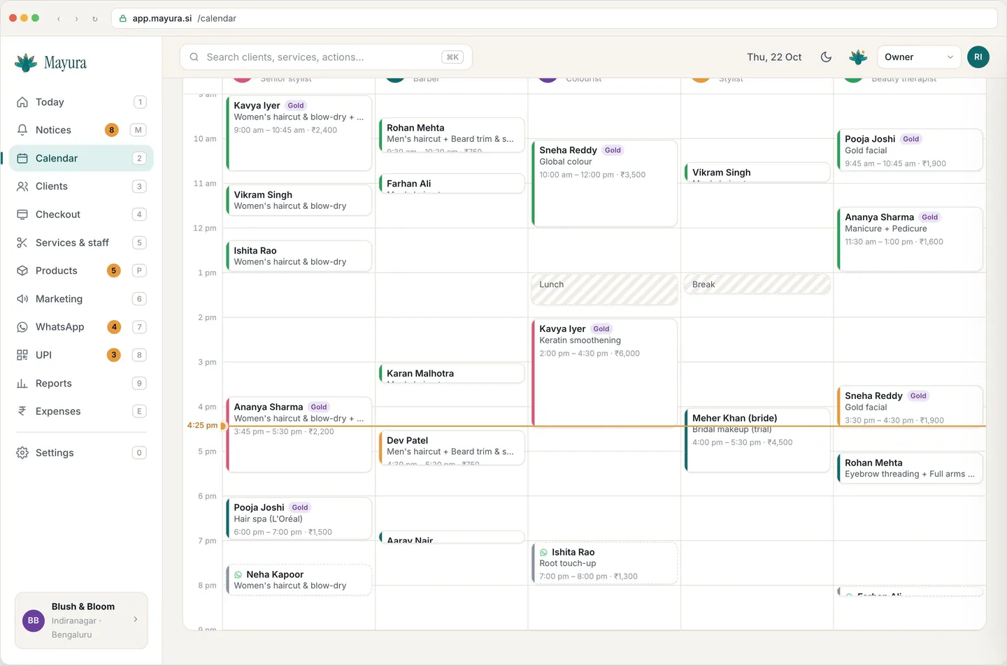 Calendar & bookings in the Mayura demo